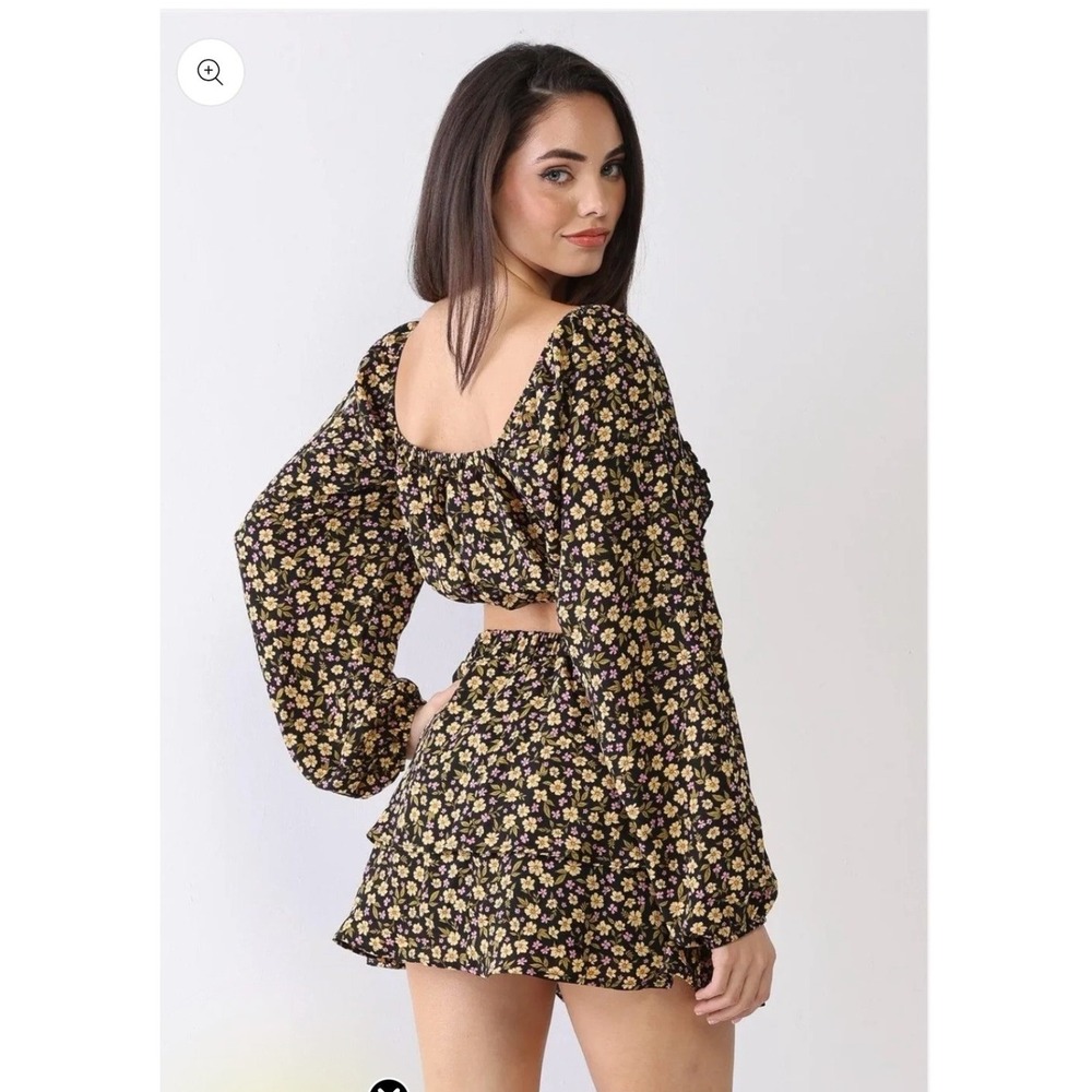 Le Lis Floral Puff Sleeve Crop Top Tiered Mini Skirt Set Cottagecore Boho Co-ord - Picture 2 of 7